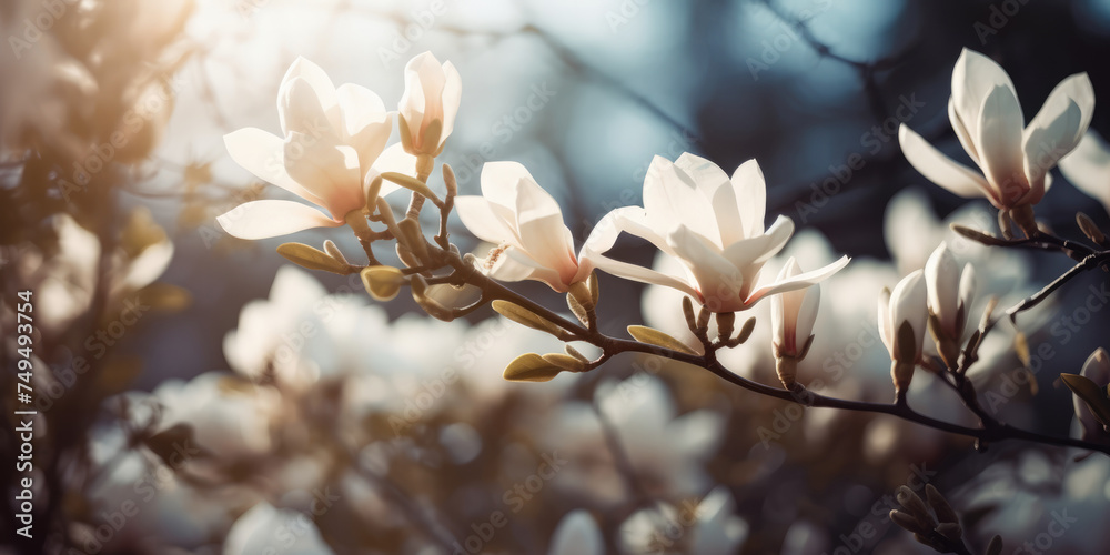Magnolia flowers on a spring day. Magnolia tree blossom in springtime. Beautiful spring background