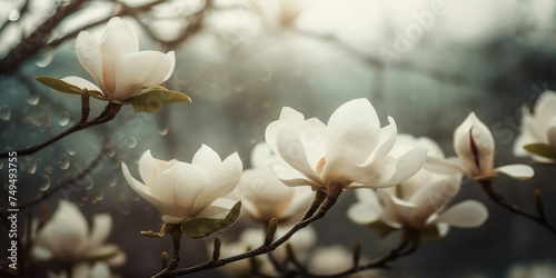 Magnolia tree blossom in springtime. Beautiful white magnolia flowers © maxa0109