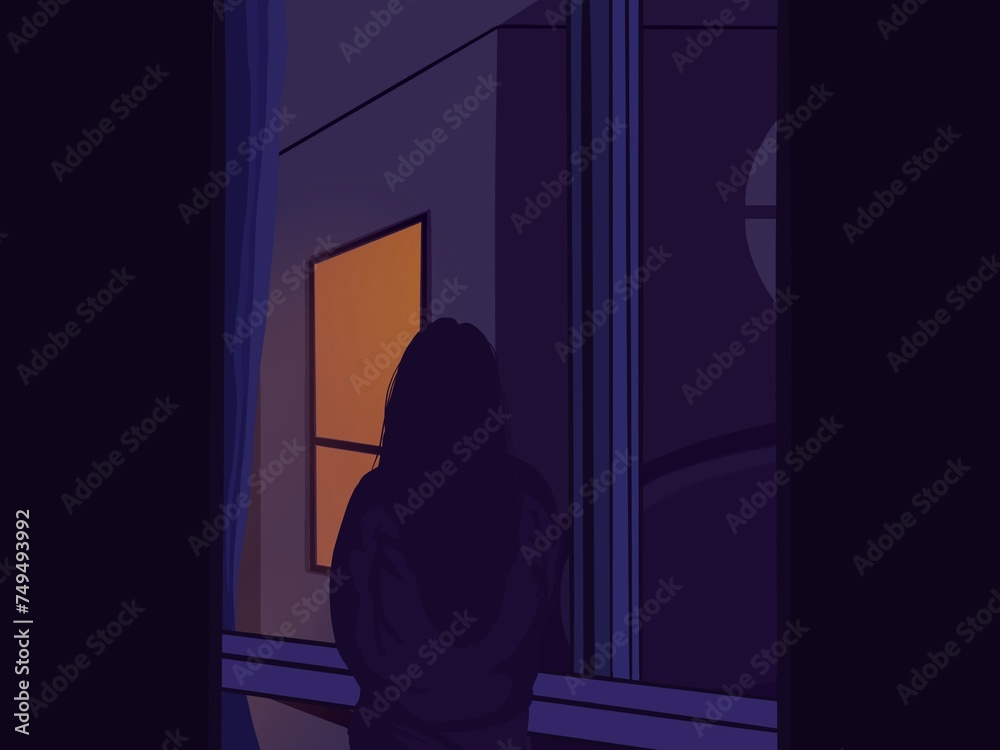 Girl sitting at the bedroom window, contemplating something. The sun goes down into the evening Lofi Picture. Aesthetic.