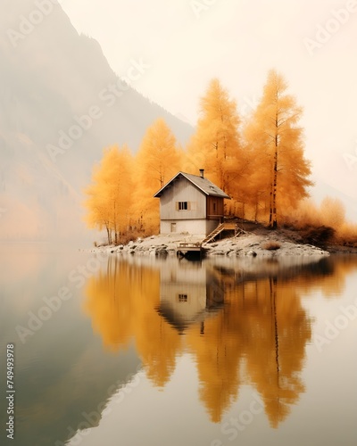 photo wallpaper, house on the lake, autumn landscape, Nordic, mountains in the background, Alpine landscape in black and orange tones