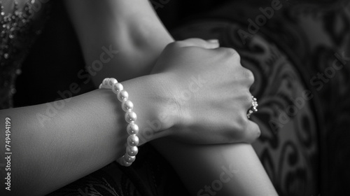 black and white focus on the pearl bracelet around a woman s wrist