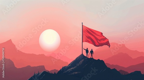 two adventurers conquer mountain summit at sunrise with a majestic red flag flying in triumph