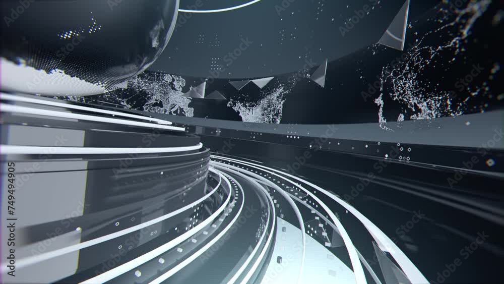 3d Breaking news intro animation with globe in circular abstract gray scene with world map around