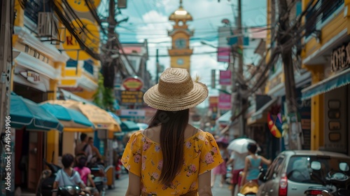 Tourist exploring colorful asian street market. a woman in a hat appreciates foreign culture. perfect for travel bloggers. urban adventure theme. AI