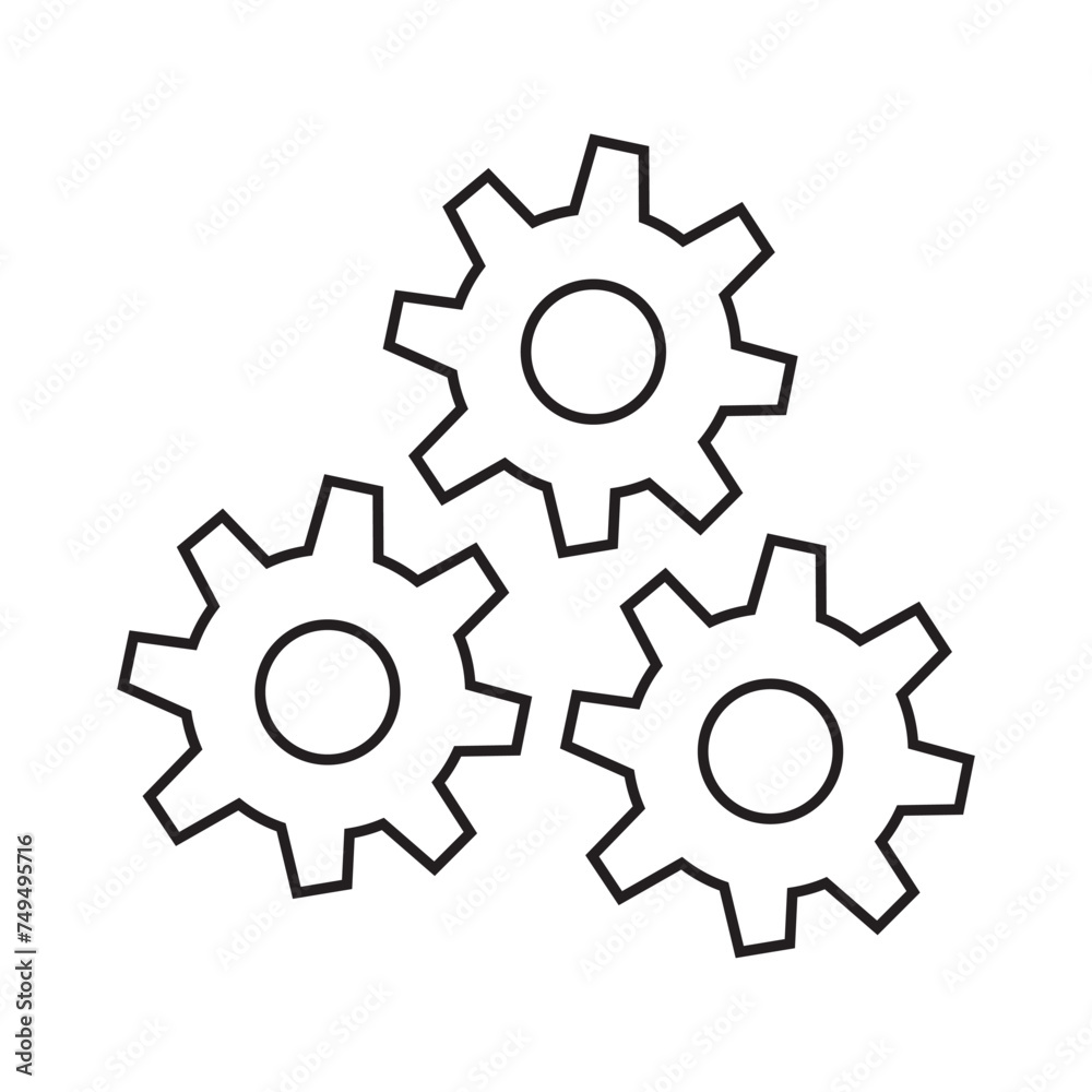 Cogwheel icon. Sprocket wheel logo. Settings button sign. Mechanic gear symbol. Black silhouette isolated on white background. Vector illustration image. eps10