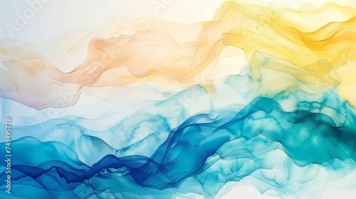 Serene watercolor strokes in sky blue and pale yellow creating an abstract spring morning ambiance.