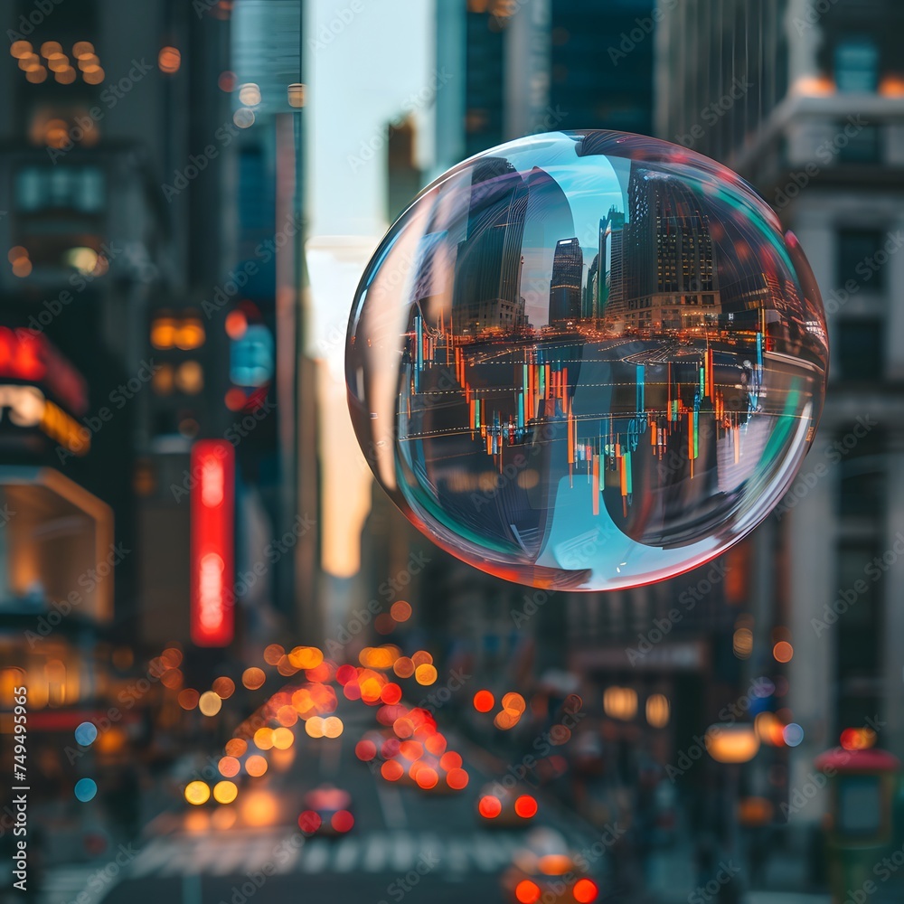 The stock market is experiencing a market bubble, overpriced, unreasonable prices. city buildings background. The stock market is experiencing a market bubble, overpriced, unreasonable prices. city buildings background.