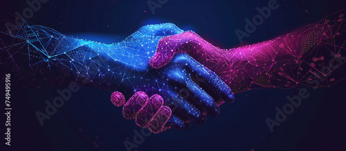Polygonal hands in blue and pink, illustrating a digital handshake against a dark background. This image is perfect for: technology, partnership, innovation, digital transformation, virtual reality.