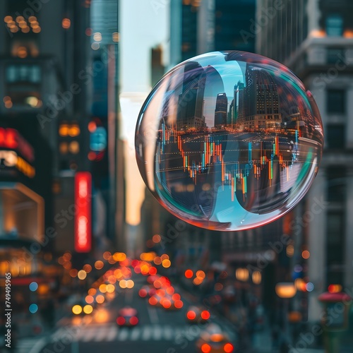 The stock market is experiencing a market bubble, overpriced, unreasonable prices. city ​​buildings background.