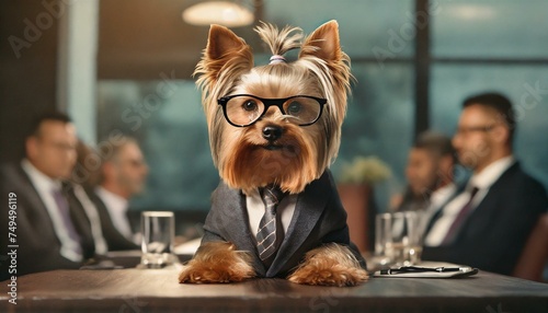 Canine Executive: Yorkshire Terrier Dressed Sharp in Business Attire Leading Boardroom Discussion