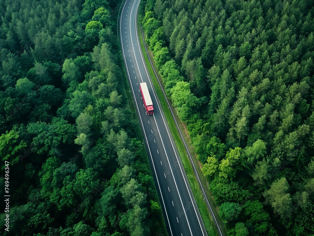 A lone truck travels a forest-lined highway, merging technology with nature's tranquility