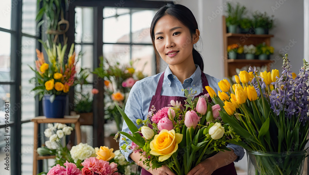 Asian woman florist collects a bouquet of roses- fresh cut flowers in boxes and vases in flower shop and racks for sale, delivery for the holiday. Spring, March 8, women's Day, birthday. AI generated