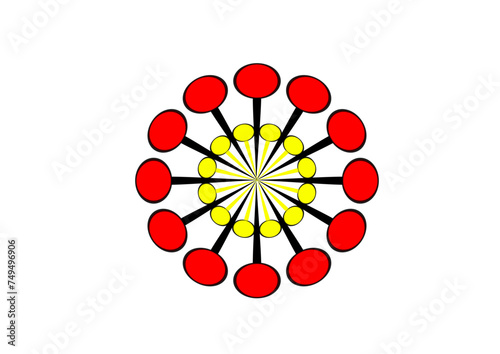 Flower or rosette made of symmetrically arranged red elements and an internal yellow ring, modern abstract floral design