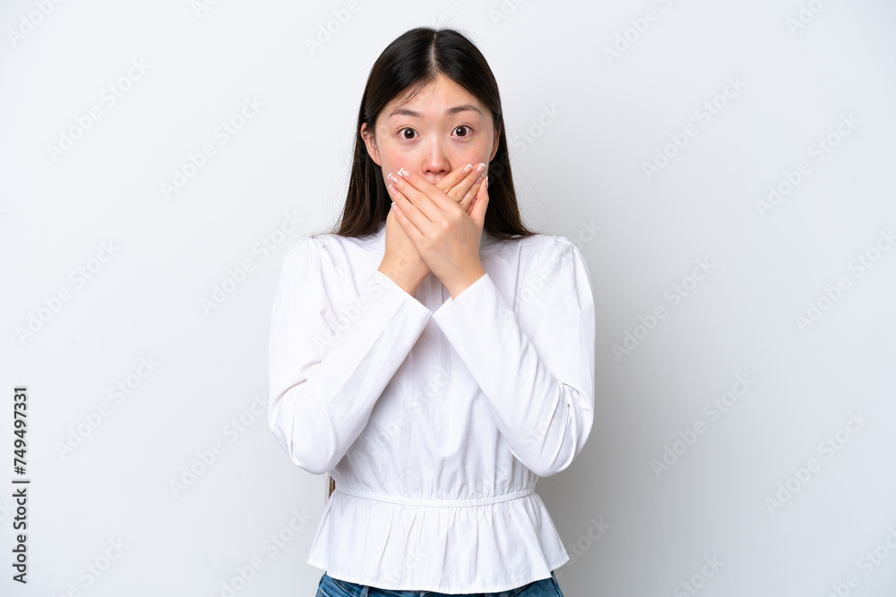 Young Chinese woman isolated on white background covering mouth with hands Young Chinese woman isolated on white background covering mouth with hands