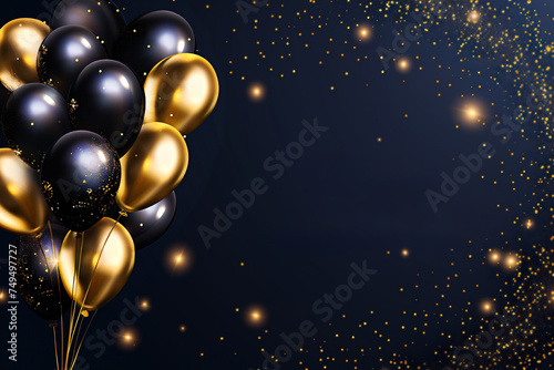 Happy birthday horizontal background with golden and black air balloons and glitter confetti. Holiday design for greeting card