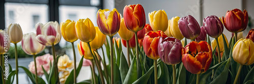 Multicolored tulips in a flower shop - fresh supply of cut flowers for spring holidays, floral shop window