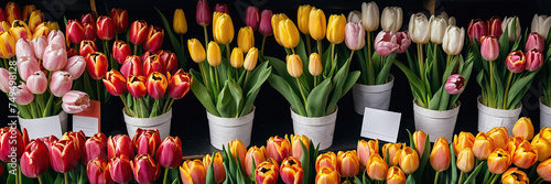 Multicolored tulips in a flower shop - fresh supply of cut flowers for spring holidays, floral shop window #749498128