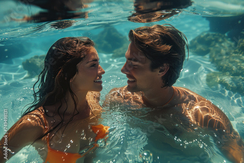Caucasian young couple in love swim in tropical sea