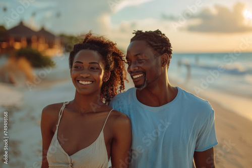African American young couple in love walking on sandy beach on seashore