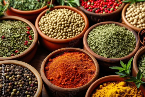 Assorted Spices in Terracotta Pots on Wooden Surface