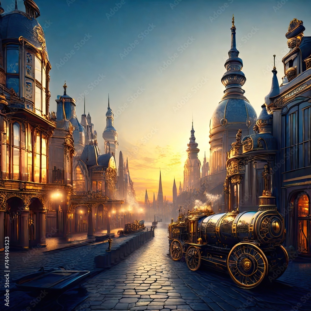 steampunk cityscape at sunrise - obrazy, fototapety, plakaty 