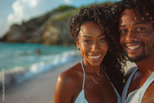 African American young couple in love walking on sandy beach on seashore © sofiko14