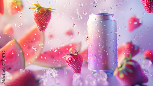 Plain can, floating, tilted up slightly, facing camera, strawberries and watermelon wedges scattered in the air in the background, all hovering in an abstract vibrant space
