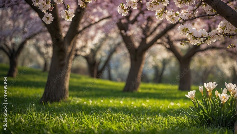 Fototapeta premium Blooming spring background - apple trees in the garden in flowers, the first spring flowers, nature blooms