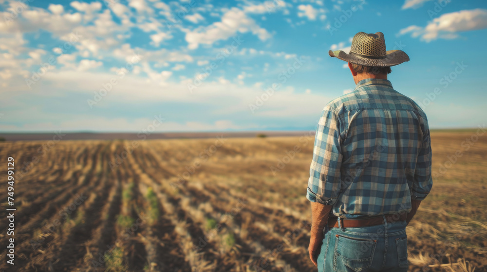 Back view of farmer in a plaid shirt looking over a harvested field