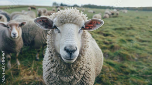 Engaging close-up of a friendly sheep with a flock in the background, standing in a vibrant green field.