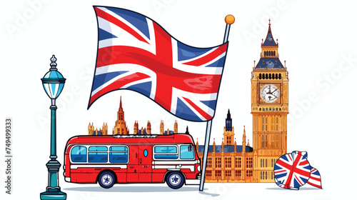 Flag of great britain with london icons isolated 