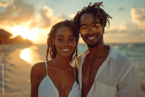 African American young couple in love walking on sandy beach on seashore
