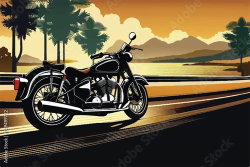 Vintage classic motorbike on highway illustration. Retro style motorbike illustration. illustration of classic motorcycle. Vintage motorcycle. Classic Motor bike on highway road. Vintage motorcycle.