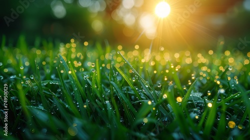 In the early morning, fresh morning dew covers a green spring grass. Sunny day concept. Natural background.