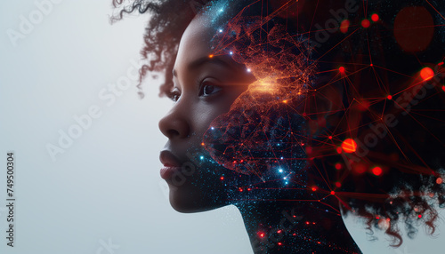 Double exposure image of an african american woman with the implantation chip in brain. Concept of the artificial intelligence integration for mental health
