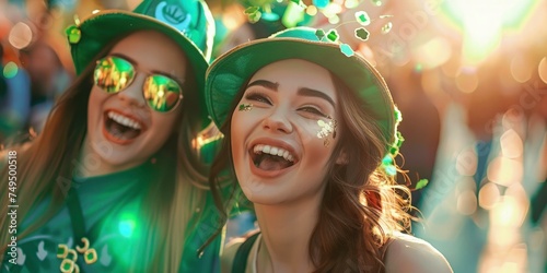 two young attractive women perform St. Patrick day. Cute girl celebrating saint Patrick's day