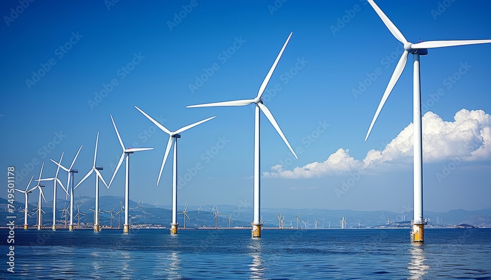 Offshore wind farm generating clean energy with white turbines in blue waters and skies