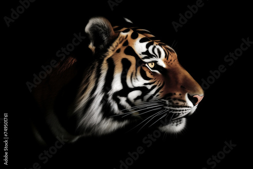 detailed close-up of a tiger's face, showcasing its striking black stripes and intense gaze against a dark background.