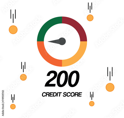 200 Credit score. Personal score meter, credit level, mortgage and loan. Financial vector with falling coins