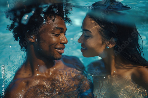 African American young couple in love swim in tropical sea