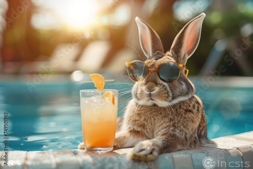 Cool Easter bunny with sunglasses and a cocktail at the swimming pool.