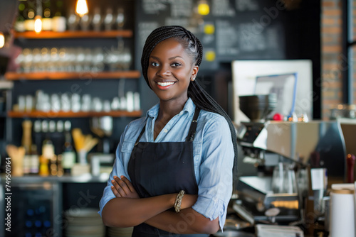 confident African American woman smiling, wearing a denim shirt and black apron, standing in a coffee shop. photo