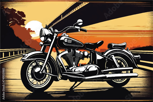 Vintage classic motorbike on highway illustration. Retro style motorbike illustration. illustration of classic motorcycle. Vintage motorcycle. Classic Motor bike on highway road.  Vintage motorcycle.