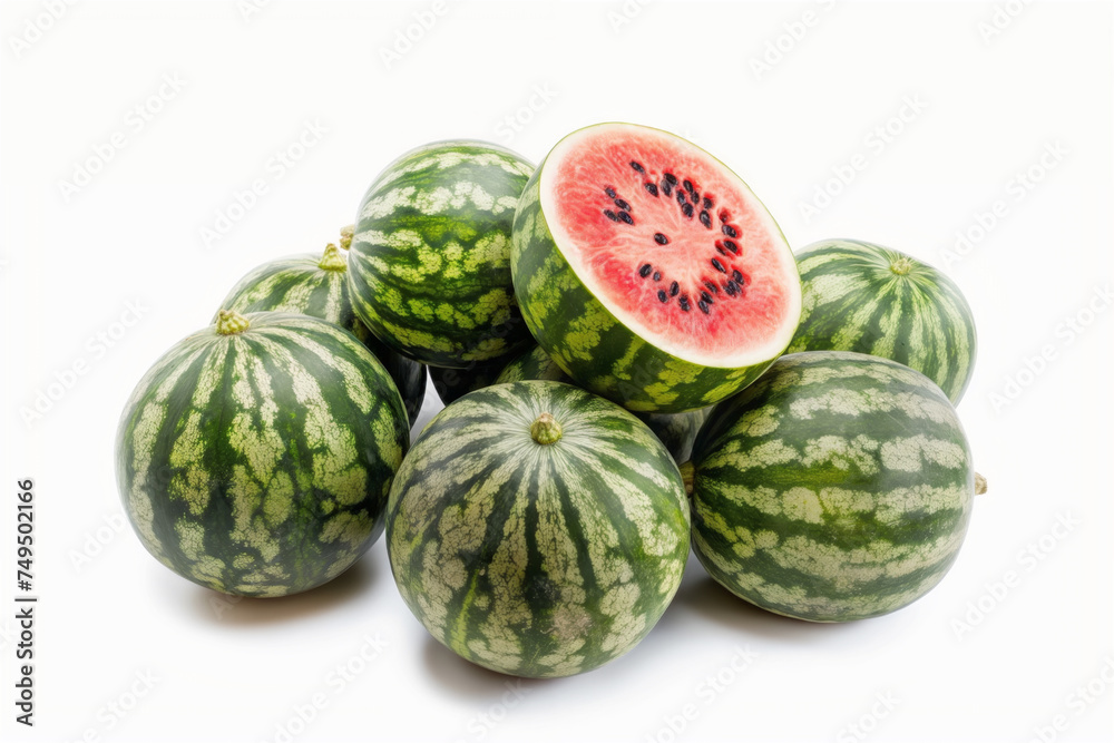 group of green watermelons with one cut open, revealing its bright red juicy inside with seeds, against a white background. group of green watermelons with one cut open, revealing its bright red juicy inside with seeds, against a white background.