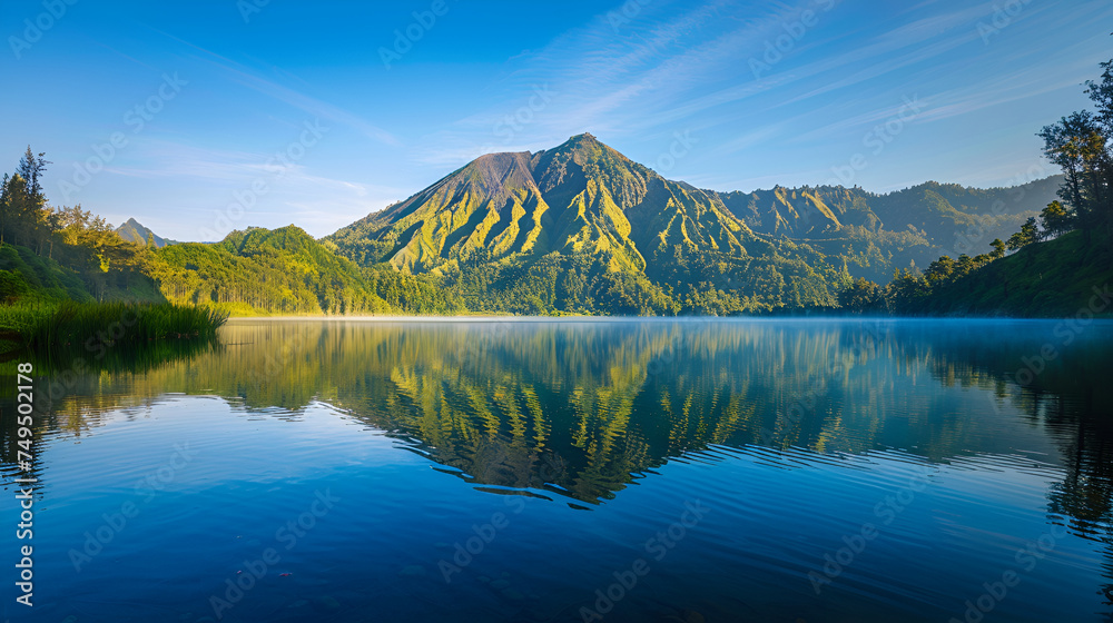 At dawn, a majestic volcanic mountain casts its reflection in the serene waters of a tranquil lake, illuminated by the soft morning light, creating a breathtaking natural spectacle