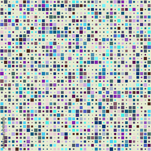 Pattern design. Squares in multiple colors. Elegant purple, blue, green, beige tones. Brilliant vector illustration.