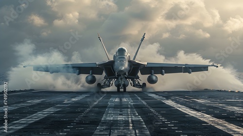 Military aircraft carrier with jets taking off in warzone wide poster. Concept Military Aircraft Carrier, Jets Taking Off, Warzone, Wide Poster, Action Scene