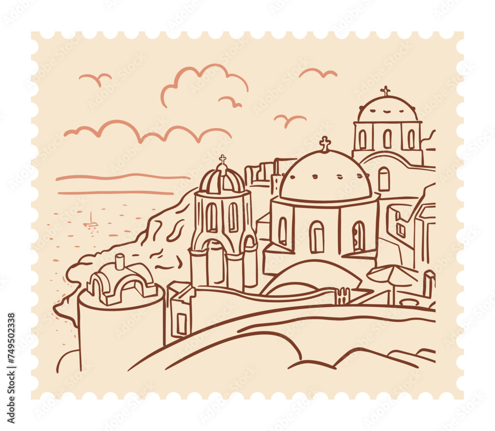 Santorini island, Greece. Beautiful traditional white architecture and Greek Orthodox churches with blue domes over the Aegean Sea caldera. Postage Stamp