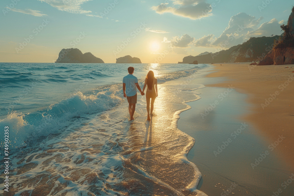 Asian young couple in love walking on sandy beach on seashore