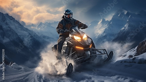 Man riding a snowmobile in the snow, winter races sport